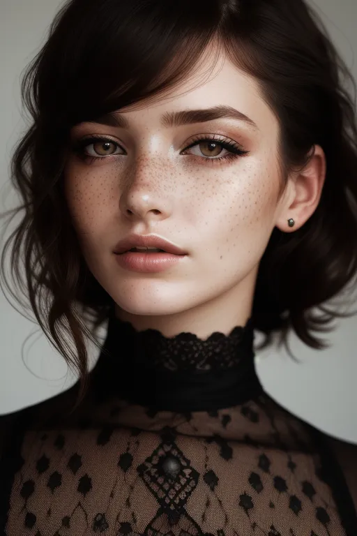 The image is a portrait of a young woman with brown hair and eyes. She is wearing a black lace dress with a high collar. The background is a light gray. The woman's expression is serious and thoughtful. She is looking at the viewer with her head tilted slightly to the right. Her hair is styled in a way that is reminiscent of the Victorian era. The image is very detailed and realistic. The artist has used a variety of techniques to create a sense of depth and realism.