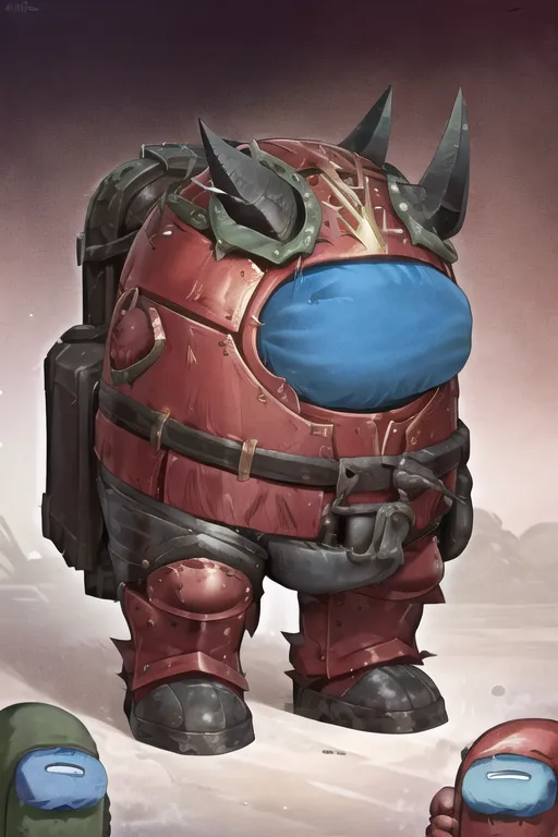 Gambar ini menunjukkan karakter dari game "Among Us" yang mengenakan baju luar angkasa berwarna merah dan hitam dengan helm bercabang. Karakter tersebut juga membawa ransel dan senjata. Ada dua karakter Among Us lainnya di latar belakang.