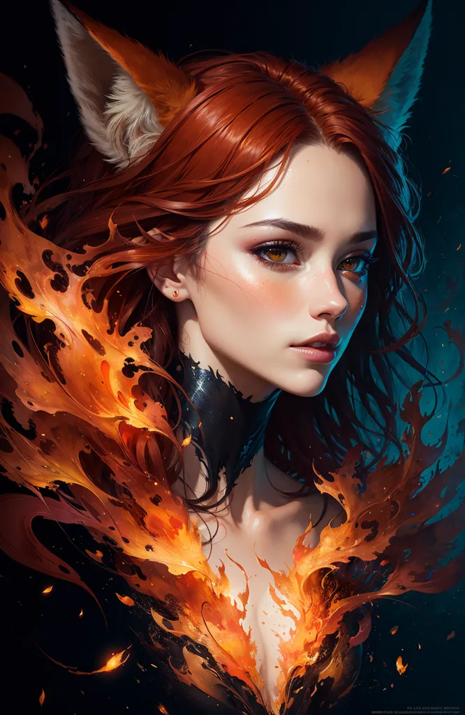 The image is a portrait of a beautiful woman with long red hair and fox ears. She has orange eyes and a sly expression on her face. She is wearing a black choker and a black dress with orange and yellow flames licking at her skin. Her hair is blowing in the wind and she has a confident expression on her face. The background is dark with a gradient of blue to black.