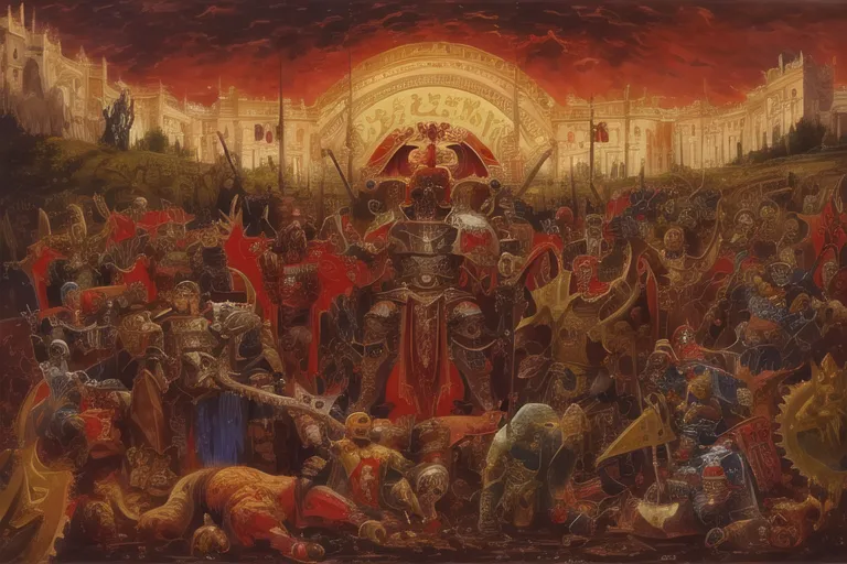 La imagen es una pintura de una escena de batalla. El primer plano está lleno de soldados muertos y heridos, mientras que el fondo muestra un gran ejército de soldados marchando hacia el espectador. Los soldados llevan armaduras rojas y doradas, y portan una variedad de armas, incluyendo espadas, lanzas y hachas. La pintura está hecha en un estilo realista, y los detalles de las armaduras y las armas son claramente visibles. La pintura también es muy dramática, y la sensación de movimiento y urgencia es palpable.