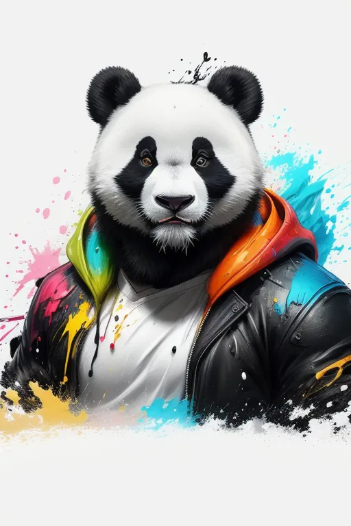 Esta es una pintura digital de un panda que lleva una chaqueta de cuero negro con salpicaduras de pintura. El panda tiene una expresión de suficiencia en su rostro y mira al espectador. El fondo es blanco.