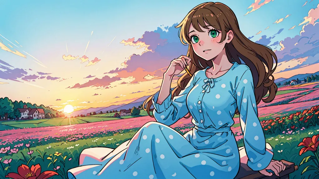 This is an image of a girl sitting on a bench in a field of flowers. The girl is wearing a blue dress with white polka dots. She has long brown hair and green eyes. She is looking at the sunset. There is a village in the distance. The sky is a gradient of orange, pink, and blue. The image has a warm and happy feeling to it.