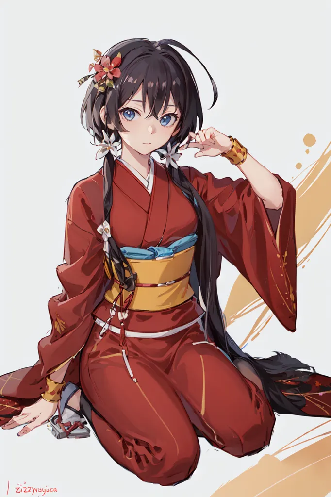 The image is of a young woman in a red kimono with white and gold accents. She has long black hair that is braided and tied up in a bun. There are white and red flowers in her hair. She is also wearing a white and gold obi. She is kneeling on the ground and has one hand on her knee while the other is by her head. She has a serious expression on her face. The background is white with a few yellow and brown brushstrokes.