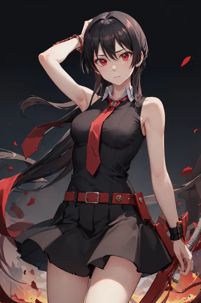 This is an image of a young woman with long black hair and red eyes. She is wearing a black sleeveless dress with a red tie and a brown belt. She is also wearing a red armband on her left arm. She is standing in a dark room with a red and black background. There are also some red and black petals falling around her.