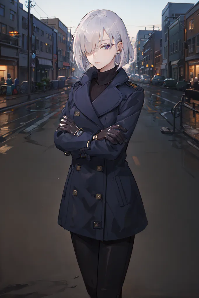 The image is of a young woman standing in a rainy street. She is wearing a long black coat and a black turtleneck sweater. She has short white hair and purple eyes. She is looking at the viewer with a serious expression. There are buildings and cars in the background.