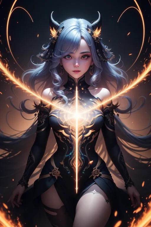 The image is of a beautiful woman with long blue hair and horns. She is wearing a black dress with gold trim and has a glowing cross-shaped emblem on her chest. She is standing in a dark room with flames coming from behind her.