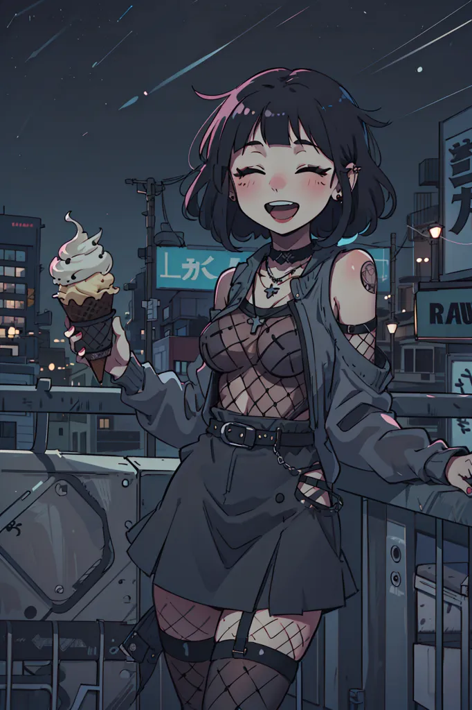 The image is of a young woman standing on a rooftop at night. She is wearing a black skirt, a fishnet top, and a black jacket. She has a tattoo on her right arm and a choker around her neck. Her hair is short and black. She is holding an ice cream cone in her right hand. There are buildings in the background and a starry sky above.