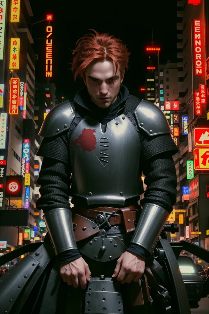 This is an image of a man with red hair and green eyes. He is wearing a black shirt and a suit of silver armor. He is standing in a dark place with a lot of neon lights in the background. There are also some Japanese characters on the signs in the background.