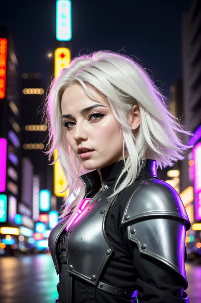 A young woman with short white hair and blue eyes is standing in a dark city street. She is wearing a black leather jacket and a silver breastplate. The city lights are reflected in her eyes.