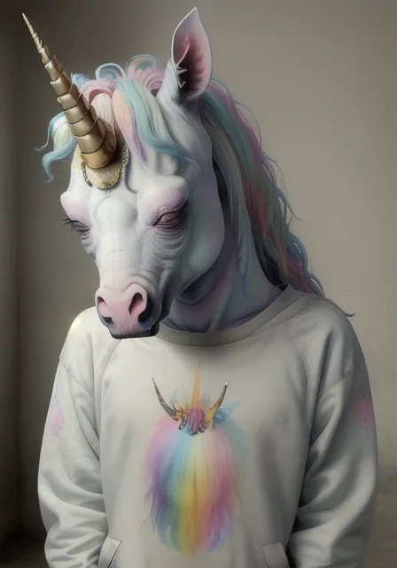 Gambar ini menunjukkan seseorang yang mengenakan topeng unicorn. Topeng tersebut sangat realistis, sehingga sulit untuk mengetahui bahwa itu bukan unicorn asli. Orang tersebut mengenakan sweater putih dengan desain unicorn berwarna-warni di bagian depan. Unicorn pada sweater tersebut memiliki mane dan ekor yang panjang dan indah. Orang itu berdiri di depan latar belakang putih, dan dia melihat ke arah kamera. Gambar ini diambil dari sudut dekat, dan jelas bahwa orang tersebut sangat bangga dengan topeng unicorn-nya.