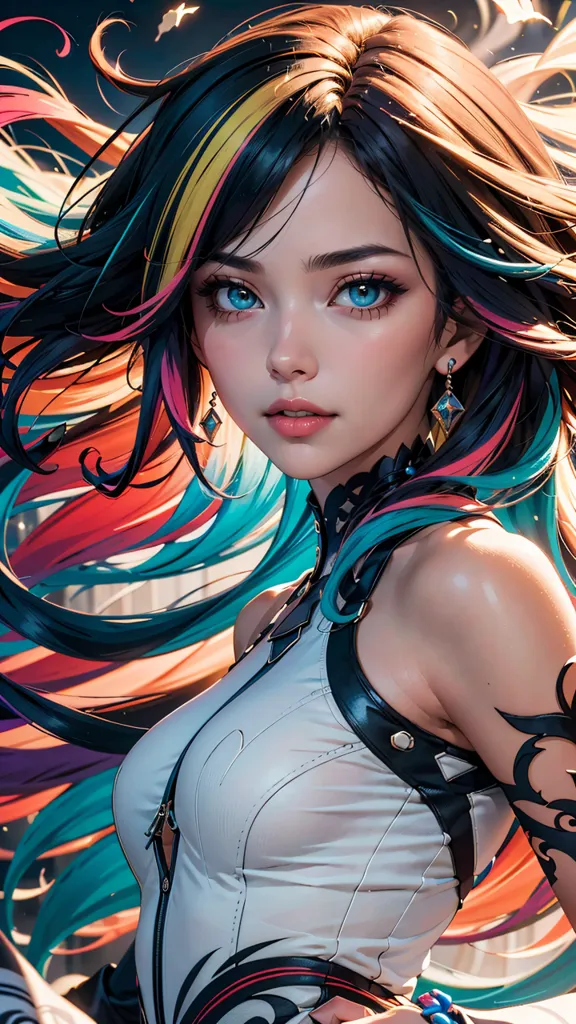 This is an image of a beautiful anime girl with long, flowing hair. Her hair is a mix of blue, green, and pink and her eyes are a deep blue. She is wearing a white and black outfit. She has a serious expression on her face. The background is a blur of light and dark colors.