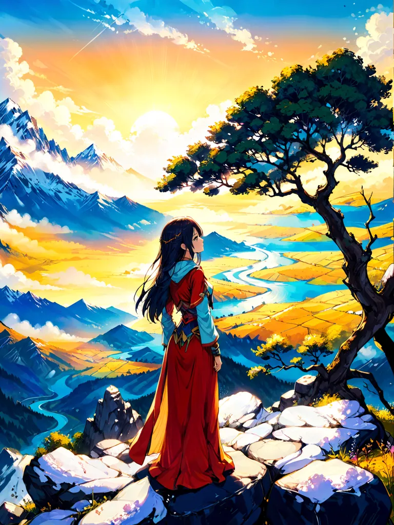 The image is of a beautiful anime girl standing on a cliff. She is wearing a red dress and has long brown hair. The background is a vast landscape with mountains, trees, and a river. The sky is blue and there are some clouds. The girl is looking out at the view with a peaceful expression on her face.