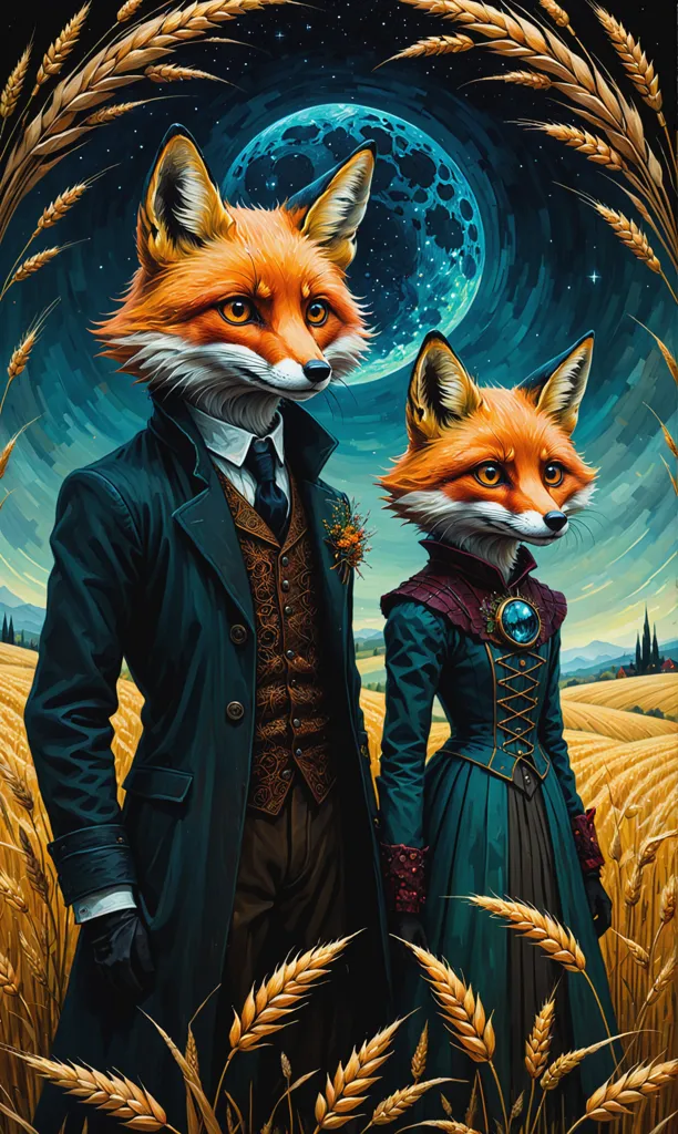 A pair of foxes dressed in human clothes are standing in a field of wheat. The male fox is wearing a blue coat and vest, while the female fox is wearing a green dress. They are both looking at the viewer with serious expressions. The background of the image is a blue sky with a full moon.