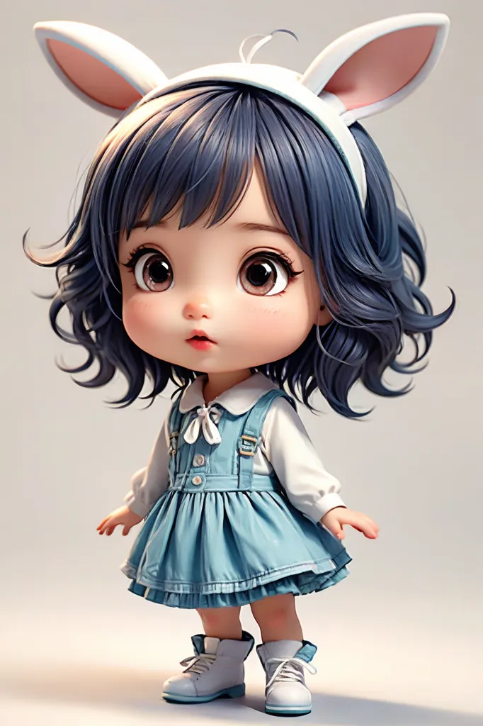 The image shows a cute little girl with blue hair and brown eyes. She is wearing a blue dress with a white collar and white shoes. She has a pair of bunny ears on her head. She is standing on a white background and looking at the viewer with a shy smile on her face.