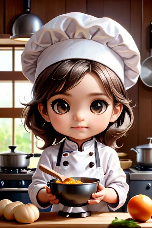 The picture shows a little girl dressed as a chef. She is wearing a white chef's hat and a white chef's coat. She has brown hair and big brown eyes. She is standing in a kitchen. There is a bowl in her hand. She is looking at the camera.