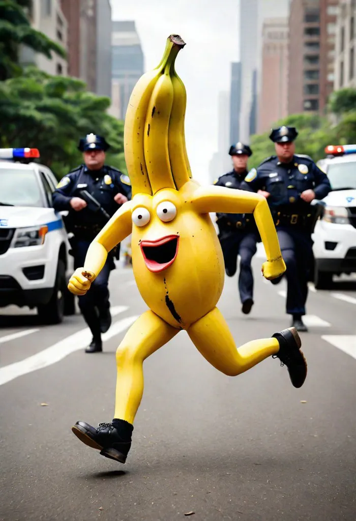 This is an image of a banana running away from the police. The banana is wearing a pair of shoes and has a surprised expression on its face. The police are chasing the banana on foot. The banana is running in the middle of the road with cars on both sides. The police are behind the banana and are about to catch it.