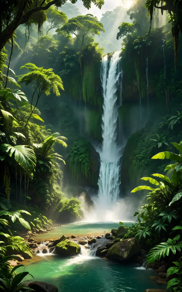 Amidst a verdant rainforest teeming with lush foliage and towering trees, a majestic waterfall cascades down, creating a mesmerizing spectacle. The water plunges from great heights, crashing against the rocks below, sending up a refreshing mist that dances in the sunlight. The verdant surroundings lend an air of tranquility to the scene, while the sound of the falling water fills the air with a soothing symphony. The waterfall is a testament to the power and beauty of nature, a hidden gem waiting to be discovered in the heart of the jungle.