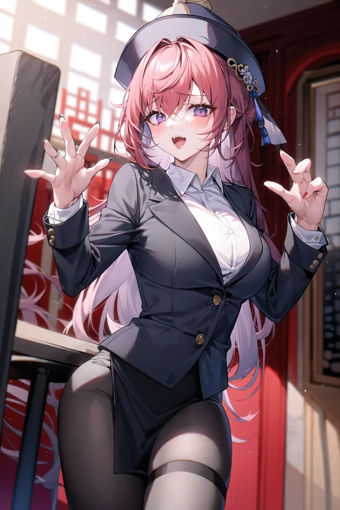 The image is of a young woman with pink hair and purple eyes. She is wearing a black suit jacket and a white blouse. She has a playful expression on her face and is making a cat-like gesture with her hands. She is standing in a room with a red wall and a wooden door.