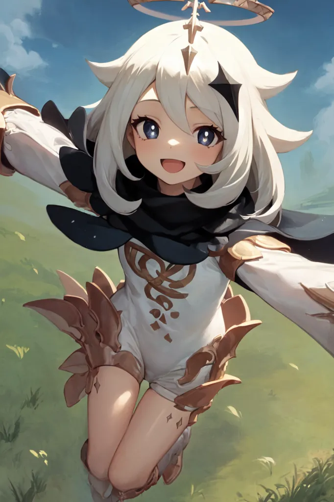 The image is of a young girl with white hair and blue eyes. She is wearing a white and gold outfit with a black cape. She has a halo above her head and is surrounded by a soft glow. She is standing in a field of green grass and there are blue skies with white clouds behind her.