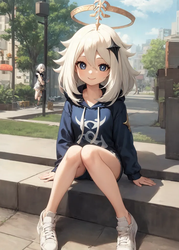 The image is of a young girl with white hair and blue eyes. She is wearing a blue hoodie, white shorts, and white sneakers. She is sitting on a step in a city. There is a tree and a lamp post behind her. Another girl with black hair and a white dress is walking in the background.