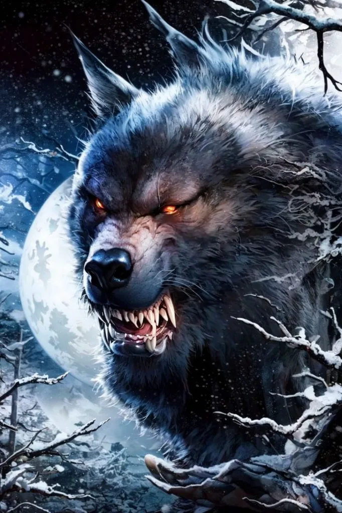 The image is a digital painting of a werewolf. The werewolf is standing in a snowy forest, and there is a full moon in the background. The werewolf is snarling and showing its teeth. It is very detailed, and you can see the fur on its body and the veins in its eyes. The background is a dark forest, and there are some trees in the foreground. The moon is bright and full, and it is casting a light over the werewolf.