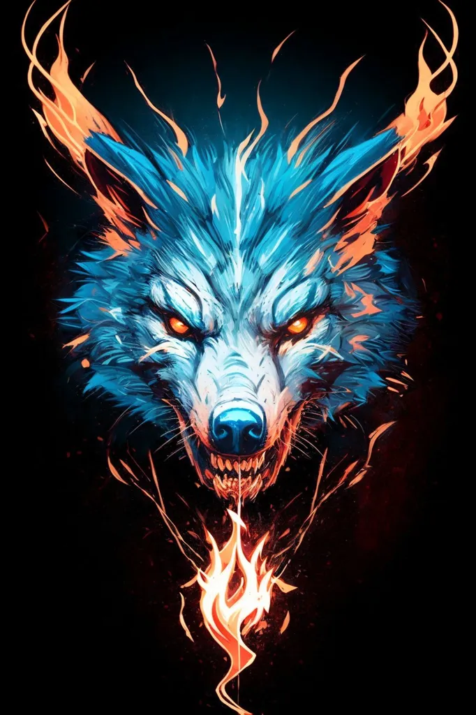 L'image est une peinture numérique d'un loup. Le loup est bleu et blanc avec des yeux orange lumineux. Il a de grandes ramures de feu sortant de sa tête. Le loup montre les dents et semble prêt à attaquer. L'arrière-plan est noir avec un dégradé d'orange en bas.