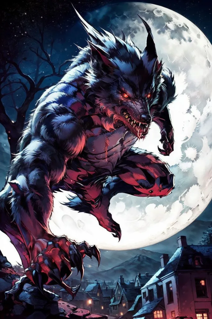 La imagen es una pintura digital de un hombre lobo. El hombre lobo está de pie en un tejado frente a una luna llena. El hombre lobo está agachado y listo para abalanzarse. Su pelaje es de color gris oscuro y sus ojos brillan en rojo. El fondo es un cielo azul oscuro con algunas nubes. El hombre lobo está iluminado por la luz de la luna.