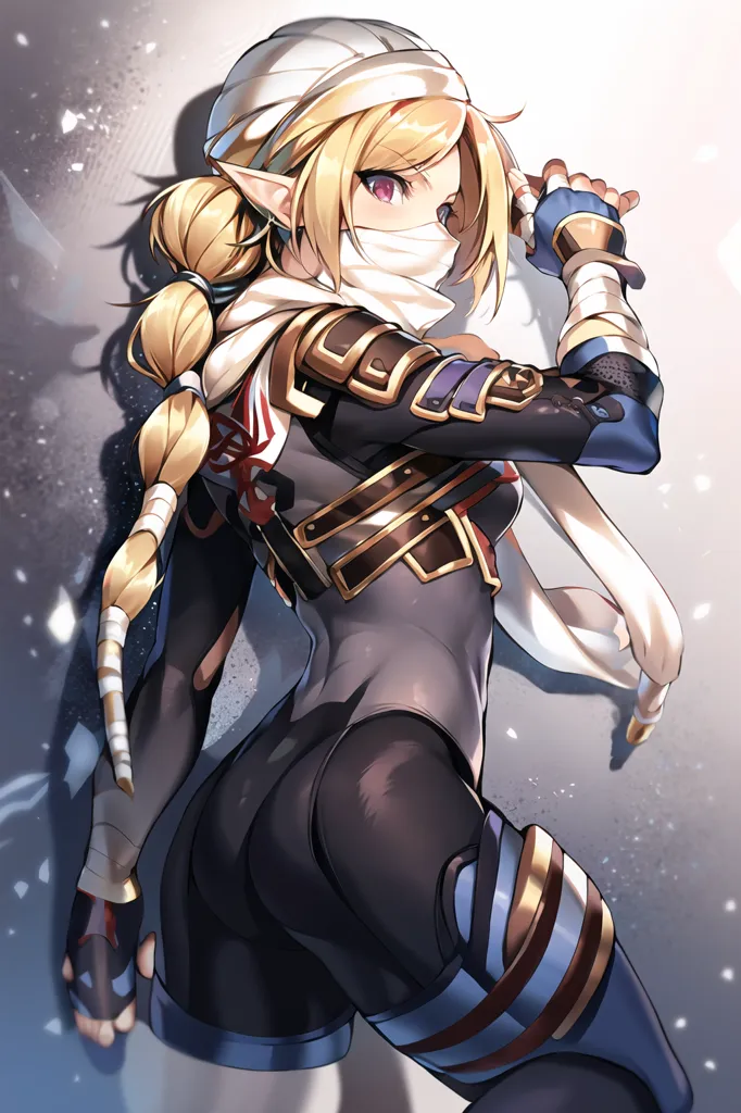 The image depicts a young woman with long blonde hair and purple eyes. She is wearing a white and blue bodysuit with a brown belt and a white scarf around her neck. She has a brown glove on her right hand and is holding a sword in her left hand. She is standing in a fighting stance, with her left leg forward and her right leg back. Her expression is determined and focused. The background is a blur of light blue and white.