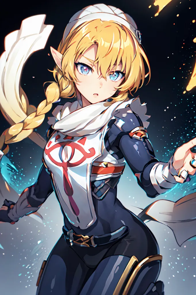 This is an image of a young woman with long blond hair and blue eyes. She is wearing a white and blue outfit and has a scarf around her neck. She is also wearing a ring on her right hand. She has a determined look on her face and is surrounded by a blue energy.