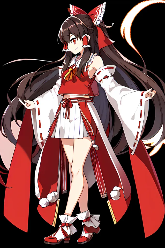 The image shows a girl with long brown hair and red eyes. She is wearing a red and white kimono with a white obi and a red bow in her hair. She is also wearing red and white socks and shoes. She has a fox tail and fox ears. She is standing in a pose with her arms outstretched.