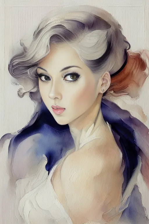 The image is a painting of a young woman. She has light grey hair, green eyes, and a light pink blush on her cheeks. She is wearing a white dress with a sweetheart neckline. The painting is done in a realistic style, and the artist has used muted colors to create a soft, ethereal look. The woman's expression is one of calm serenity, and the overall effect of the painting is one of peace and beauty.