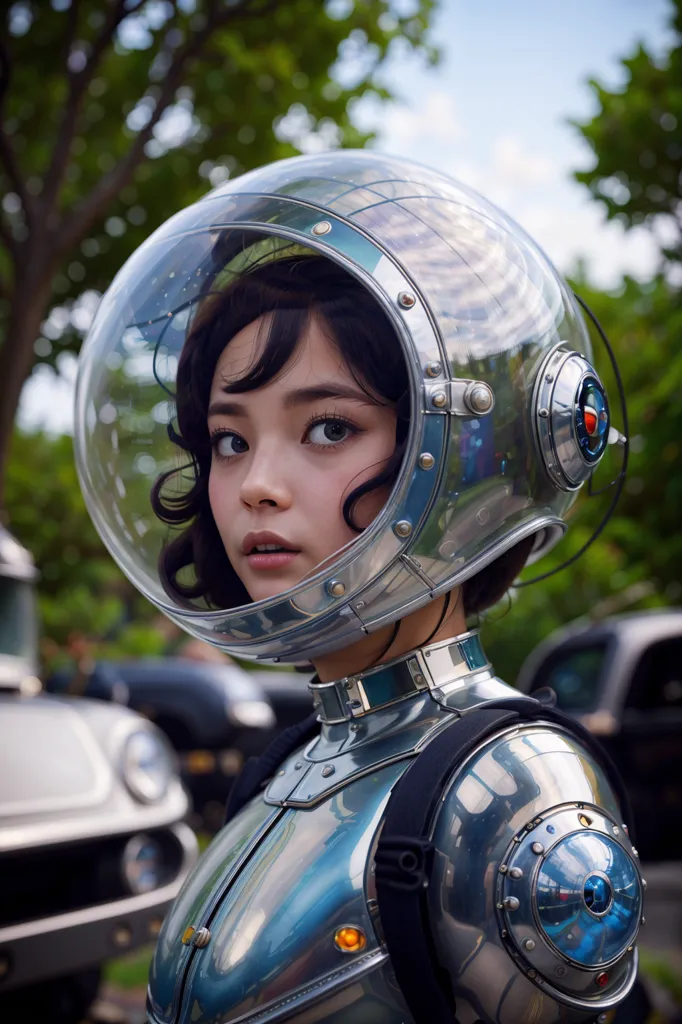 Une jeune fille aux cheveux courts et sombres porte un casque à bulle transparent et une armure argentée métallique. Elle se tient devant un arrière-plan flou d'arbres et de voitures. L'expression de la fille est déterminée et concentrée.