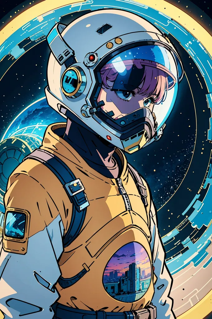 The image is an illustration of a young girl in a spacesuit with a clear bubble helmet. She is standing in front of a blue and purple background with a glowing yellow circle behind her. There is a city skyline in the reflection on her chest plate. The girl has pink hair and brown eyes. She is wearing a light-colored spacesuit with a yellow jacket. The spacesuit has various buttons and gadgets on it. The girl is looking at the viewer with a serious expression.