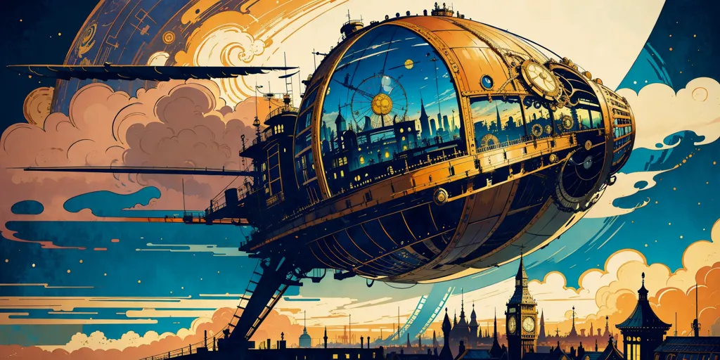 The image is a steampunk airship. It is a large, metal vehicle that is powered by steam. The airship has a long, cigar-shaped body with a large propeller at the back. It also has a number of wings and a large number of portholes. The airship is flying over a city. The city is made up of a large number of tall buildings and there are a number of clouds in the sky.