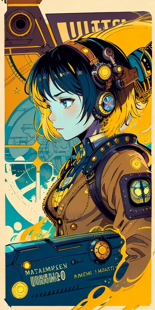 The image is a portrait of a young woman with short blue hair and yellow eyes. She is wearing a yellow jacket and a brown hat with goggles. She has a serious expression on her face. The background is a yellow and blue cityscape with a large clock tower in the center. There are also several smaller clocks and gears in the background.