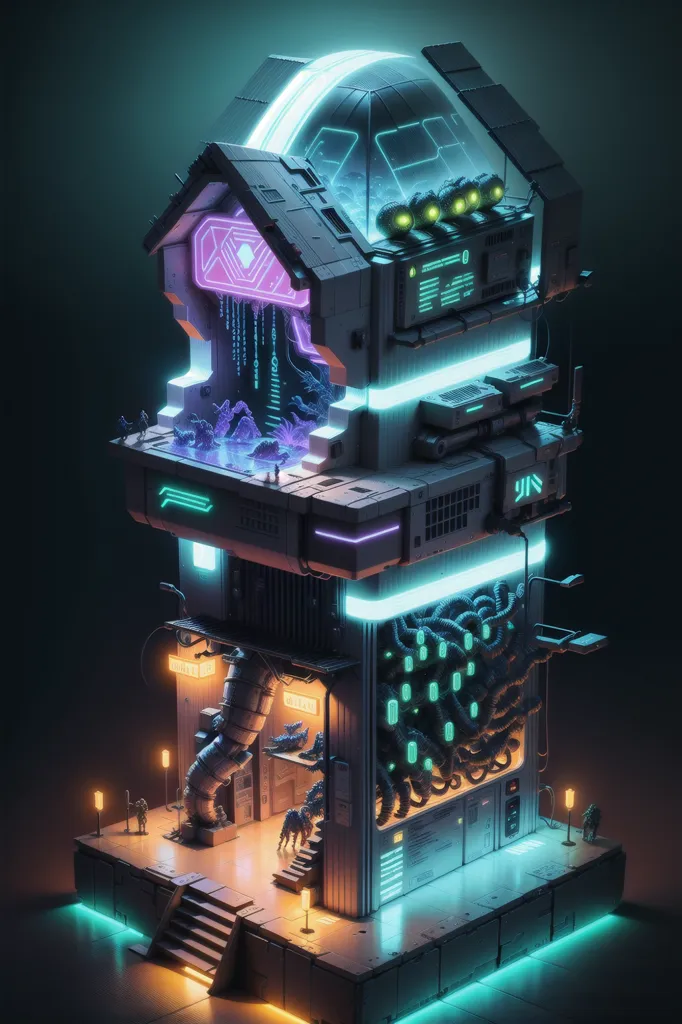 The image is a 3D rendering of a futuristic building. The building is made of metal and glass and has a lot of neon lights on it. There are also some plants growing on the building. The building is surrounded by a fence and there are some people standing outside of it. The people are wearing futuristic clothes. The image is set in a dark and rainy environment.