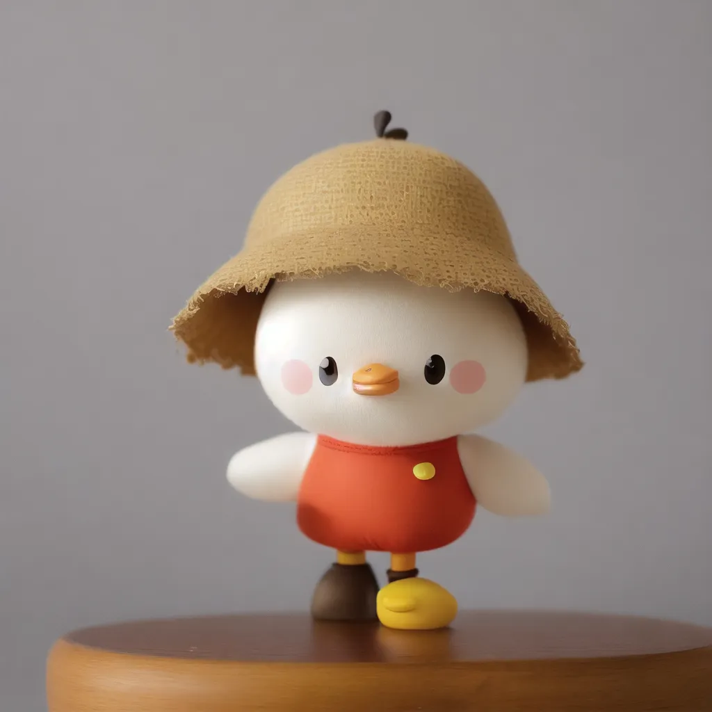 This image shows a 3D rendering of a cute duck character. The duck is wearing an orange shirt with a yellow button and a brown straw hat. The duck has a light yellow beak and black eyes. It is standing on a small wooden platform. The duck is looking at the viewer with a curious expression. The background is a light gray color.