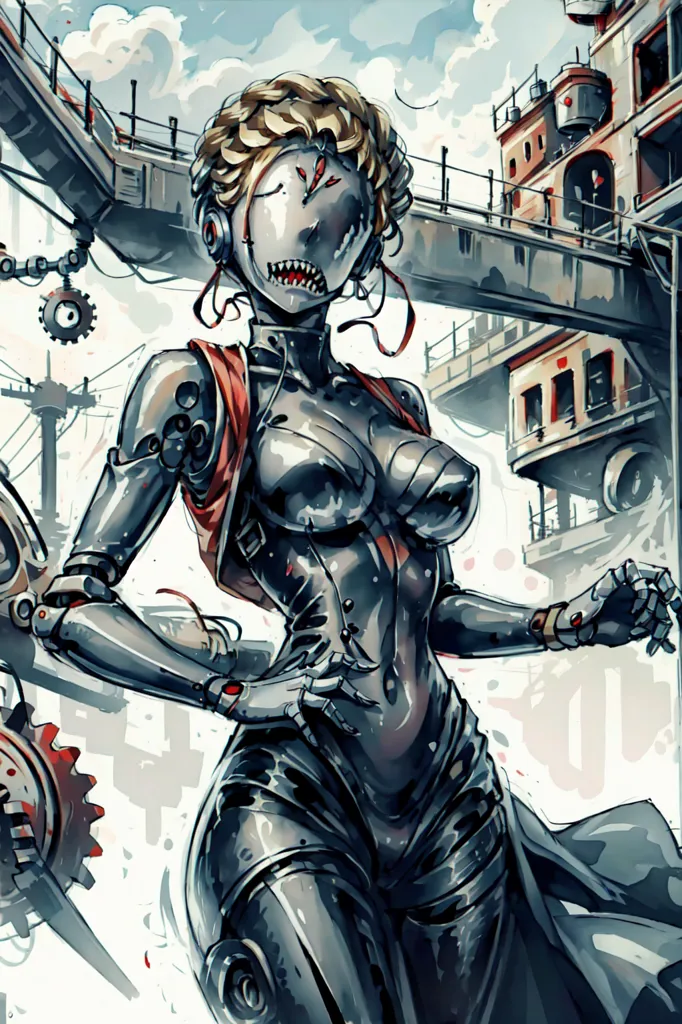 The image is a painting of a steampunk robot woman. She has blonde hair, red eyes, and a pale face. She is wearing a black and red bodysuit with a corset and a skirt. She has a gear-shaped belt buckle and a red scarf around her neck. Her right arm is robotic, and her left arm is flesh and blood. She is standing in a scrapyard, with a large gear in the background. The painting is done in a realistic style, and the artist has used a variety of techniques to create a sense of depth and texture.
