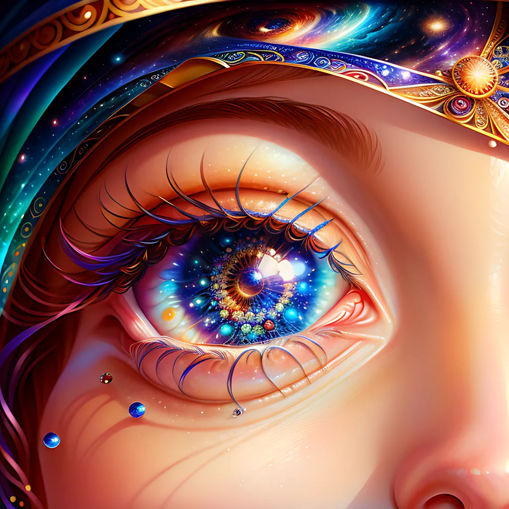 This image is a painting of an eye. The eye is looking at the viewer and is surrounded by a colorful background. The eye is blue and has a lot of detail, including the veins and the eyelashes. The background is a dark blue with a lot of stars and galaxies. The painting is very realistic and seems to be a combination of different styles, including realism, surrealism, and fantasy.