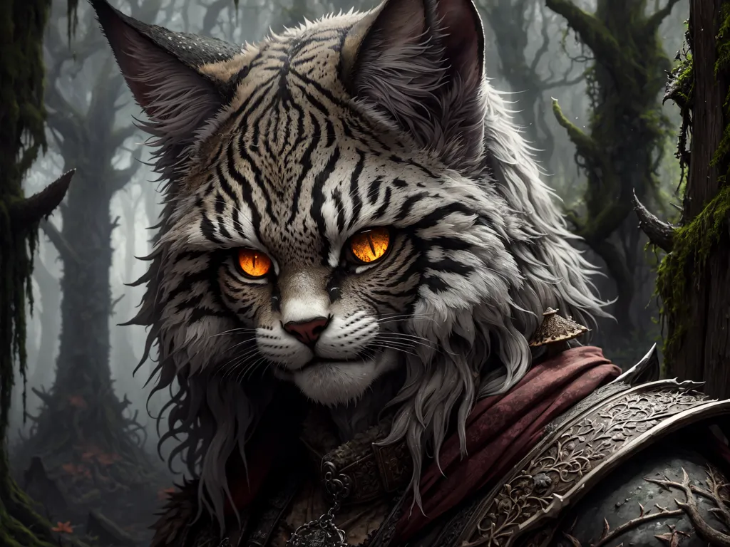 The image is a digital painting of a anthropomorphic  lynx. It has the body of a lynx but the face of a human. It is standing in a dark forest, and is looking at the viewer with its glowing orange eyes. It is wearing a suit of armor, and has a sword sheathed at its side.