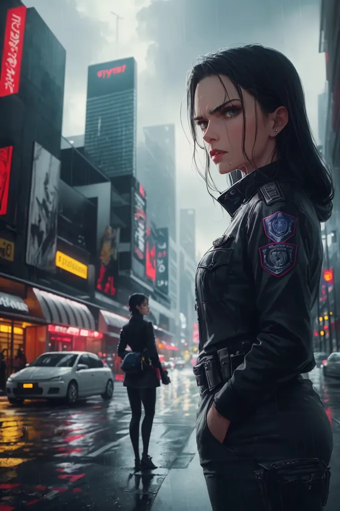 The picture shows a young woman, with long black hair, dressed in a black leather jacket, standing on a rainy street in a futuristic city. She has a stern expression on her face. She is looking to the left of the frame, where another woman is walking away from her. There are cars parked on the side of the road and large buildings in the background. The image is dark and moody, with the rain creating a sense of atmosphere.