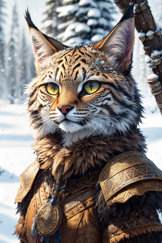 L'image montre un chat portant une armure. Le chat est brun et blanc avec des yeux jaunes. Il se tient dans une forêt enneigée. Le chat porte une cuirasse dorée et un cape marron. Il a un carquois de flèches sur le dos et tient un bâton dans sa patte droite. Le chat regarde vers la droite du cadre.