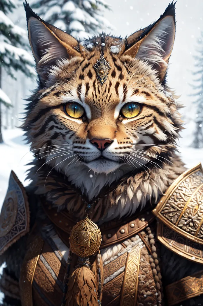 The image shows a lynx wearing golden armor. The lynx is standing in a snowy forest. The lynx has yellow eyes and is looking at the viewer. It is wearing a golden necklace with a pendant in the shape of a triangle. The lynx is also wearing golden shoulder pads and a golden belt. The lynx's fur is brown and spotted. The background of the image is a snowy forest. There are trees and mountains in the background. The image is very detailed and realistic.