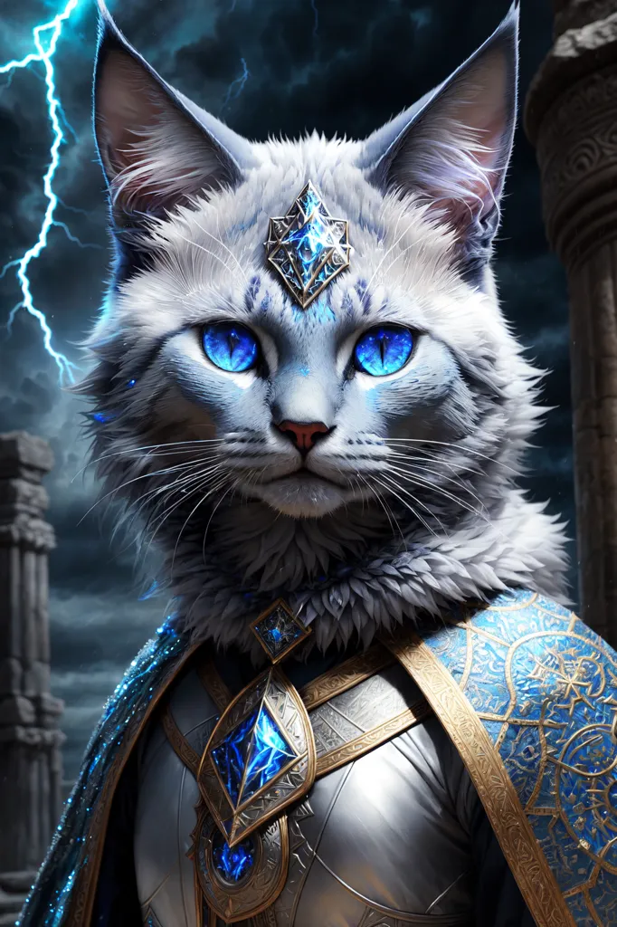 The image shows a white cat wearing a suit of armor. The cat is standing in a dark place, with a stormy sky in the background. The cat has blue eyes and is looking at the viewer. The cat's armor is decorated with blue and silver gems and has a white cape.