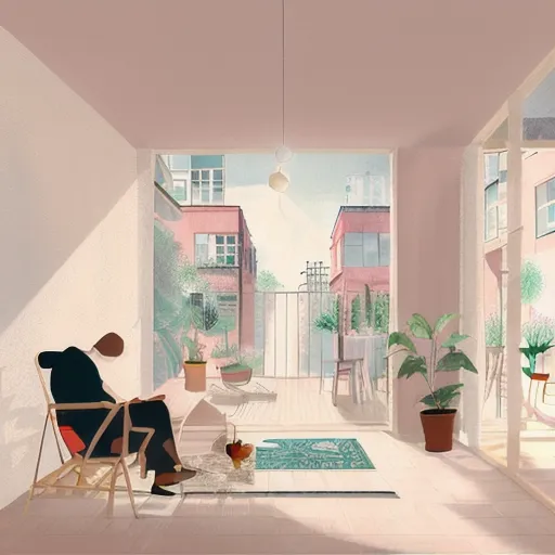 La imagen es de un apartamento moderno y minimalista con una gran ventana de cristal que da a una ciudad. El apartamento está decorado en tonos de rosa y blanco, con algunos toques de color de las plantas y la alfombra. Hay un hombre sentado en una silla en primer plano, leyendo un libro. La imagen es muy tranquila y serena, y captura la sensación de estar en casa en un espacio pacífico y tranquilo.