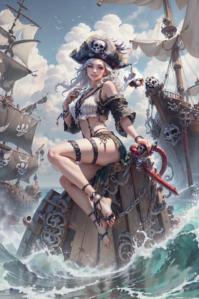 The image is of a pirate girl with long white hair and blue eyes. She is wearing a white shirt, black vest, and brown skirt. She is also wearing a sword and a gun. She is sitting on a barrel of rum and there are two ships in the background. The girl is smiling and looks happy.