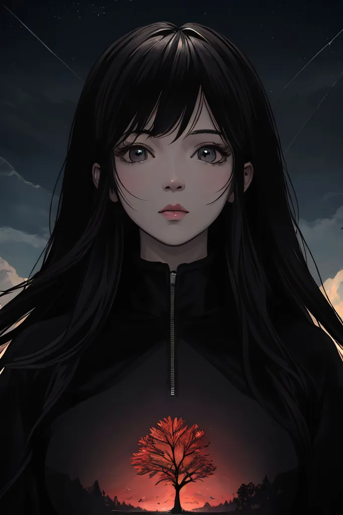 The image is a portrait of a young woman with long black hair and gray eyes. She is wearing a black turtleneck sweater. The background is dark with a starry sky. There is a red maple leaf in the center of her chest.