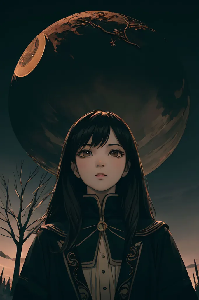 The image is a portrait of a young woman with long black hair and brown eyes. She is wearing a dark blue cloak with gold trim and a white shirt with a black vest. The background is a dark blue night sky with a large moon. The moon is dark with a glowing yellow crater. There is a tree with bare branches in the foreground. The woman is looking at the viewer with a serious expression.