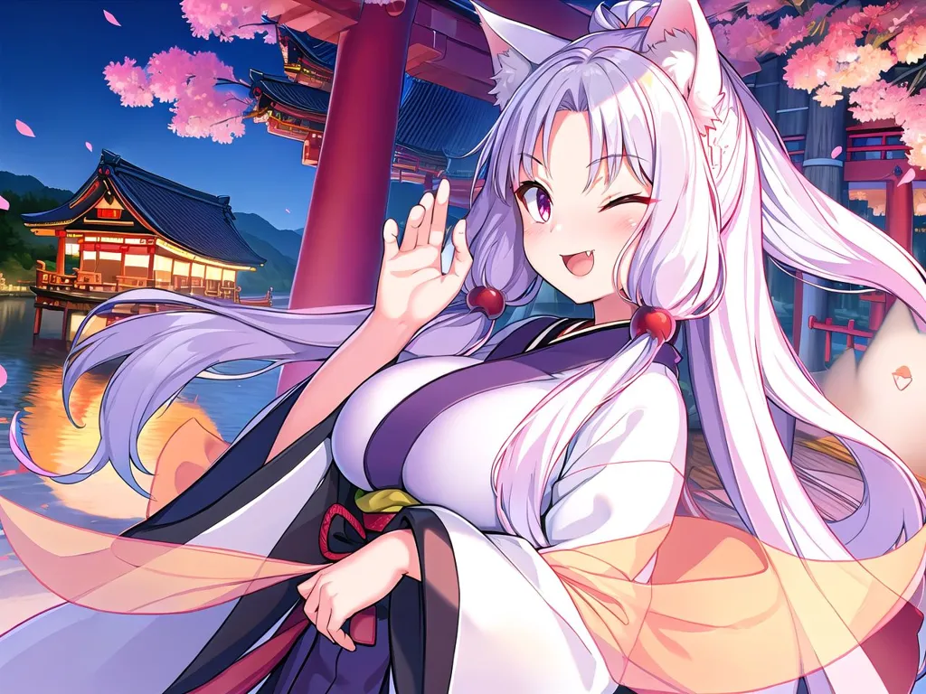 The image is of a beautiful anime girl with long white hair and purple eyes. She has fox ears and a fluffy white tail. She is wearing a traditional Japanese kimono with a pink obi. The background is a Japanese-style landscape with a temple, cherry blossoms, and a river.