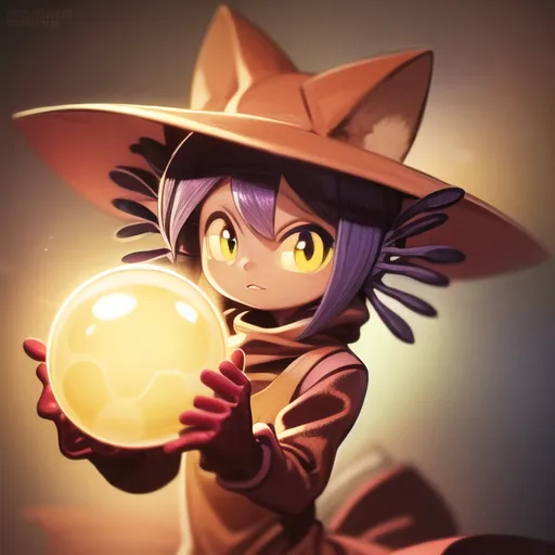 This is an image of Ni No Kuni: Wrath of the White Witch. The image shows a young girl with purple hair and brown eyes. She is wearing a brown hat with a feather on it, and a brown cloak. She is holding a yellow ball of light in her hands. The background is a blur of brown and orange colors.